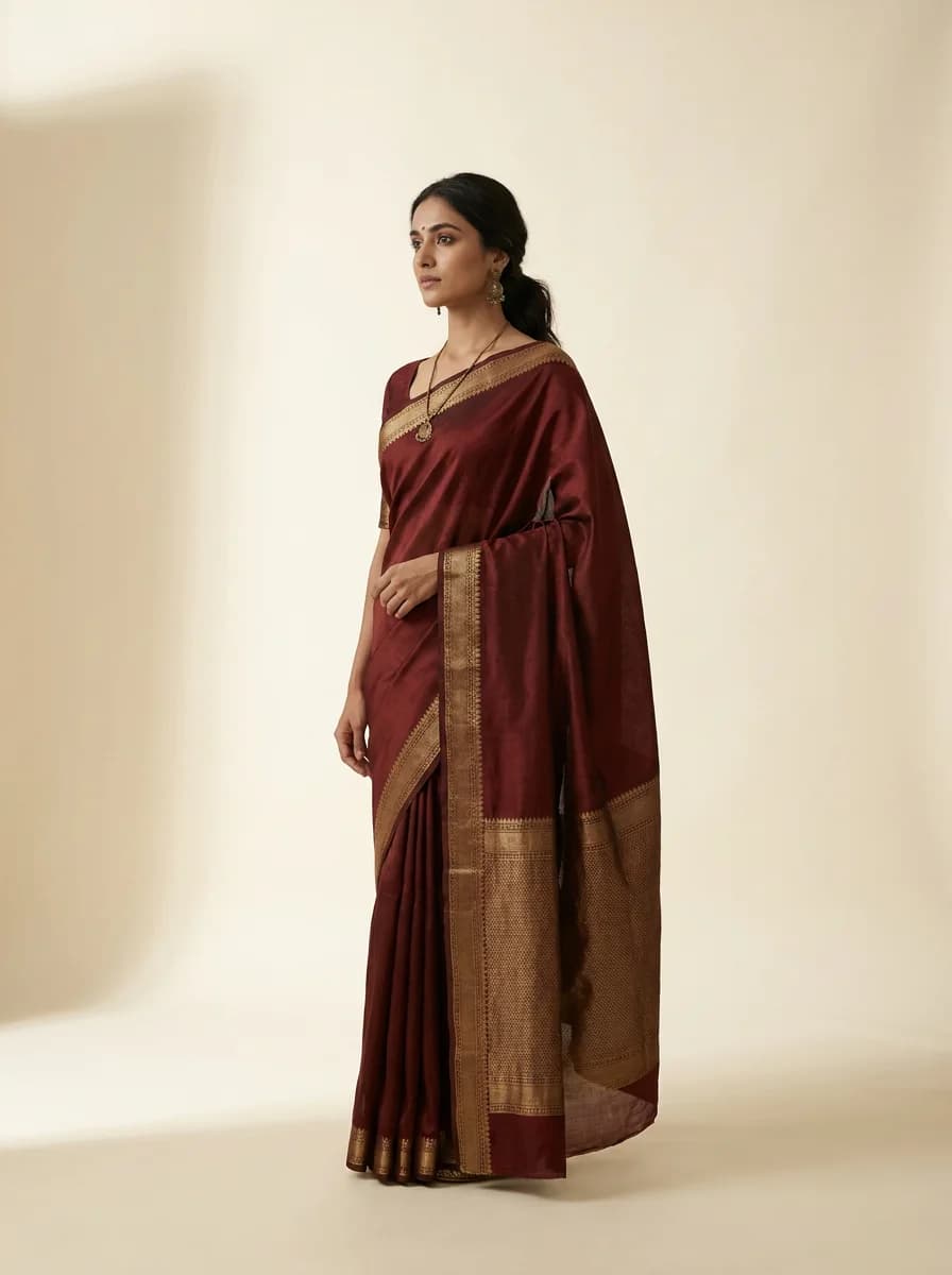 Woman in a deep oxblood silk saree wearing gold drop earrings and a fine pendant necklace